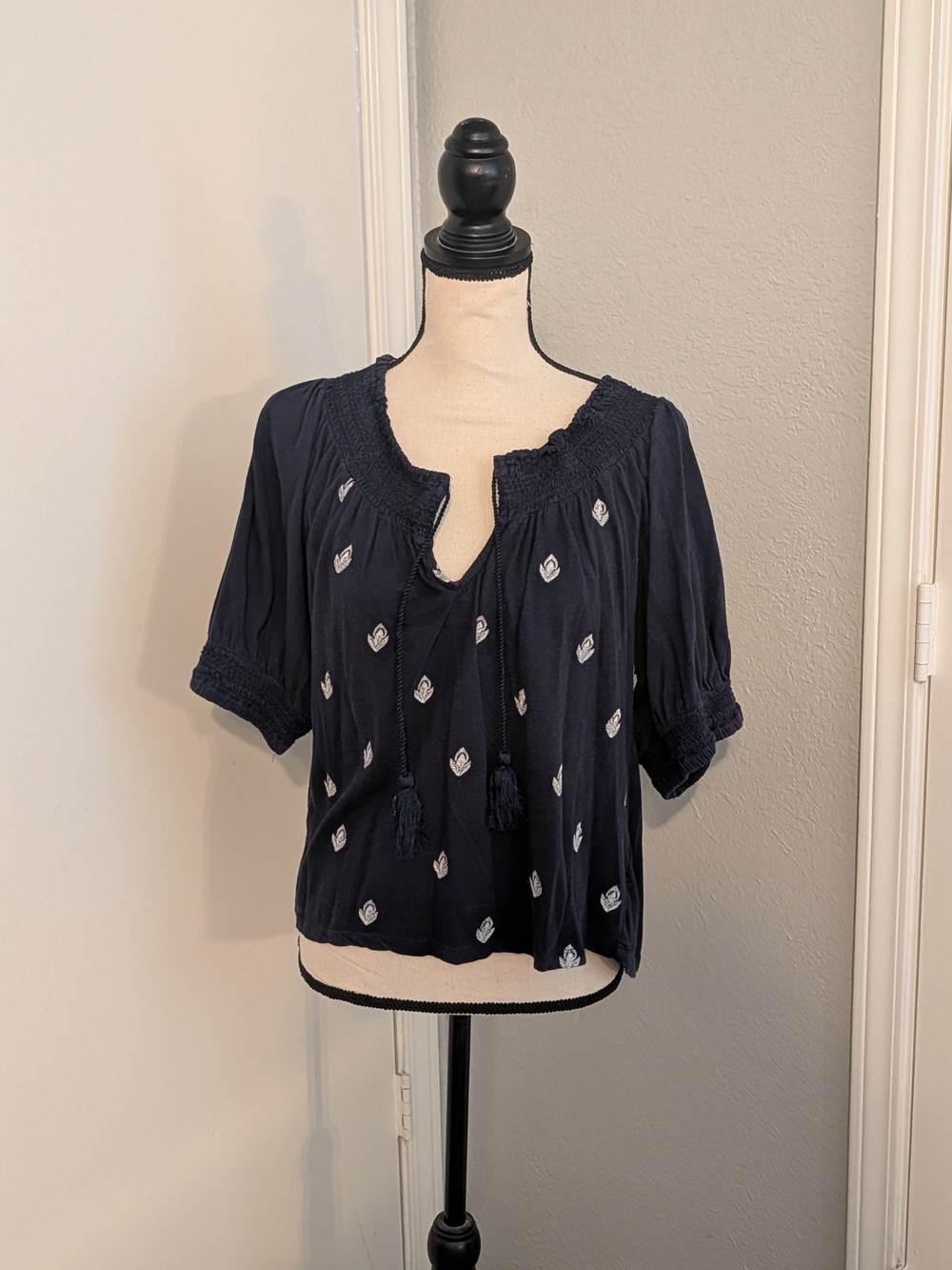 Lucky Brand Navy Embroidered Peasant Blouse
